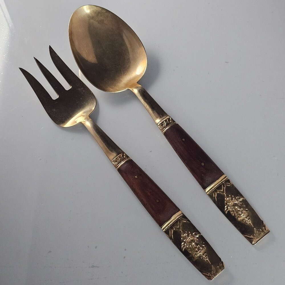 Thialand Bronze Rosewood Salad Serving Set riveted handle Siam 1960s Thai Pan